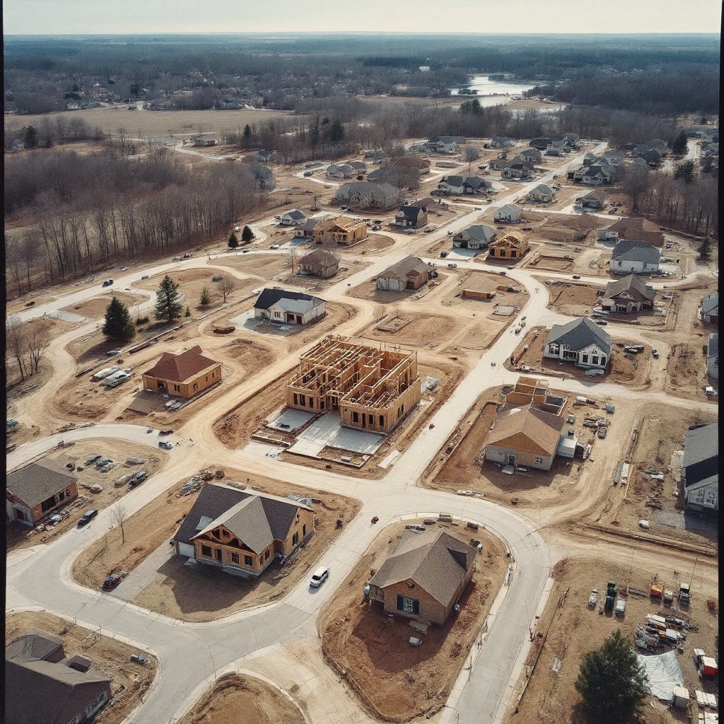 Aerial view of a Fishers Indiana neighborhood with new concrete driveways