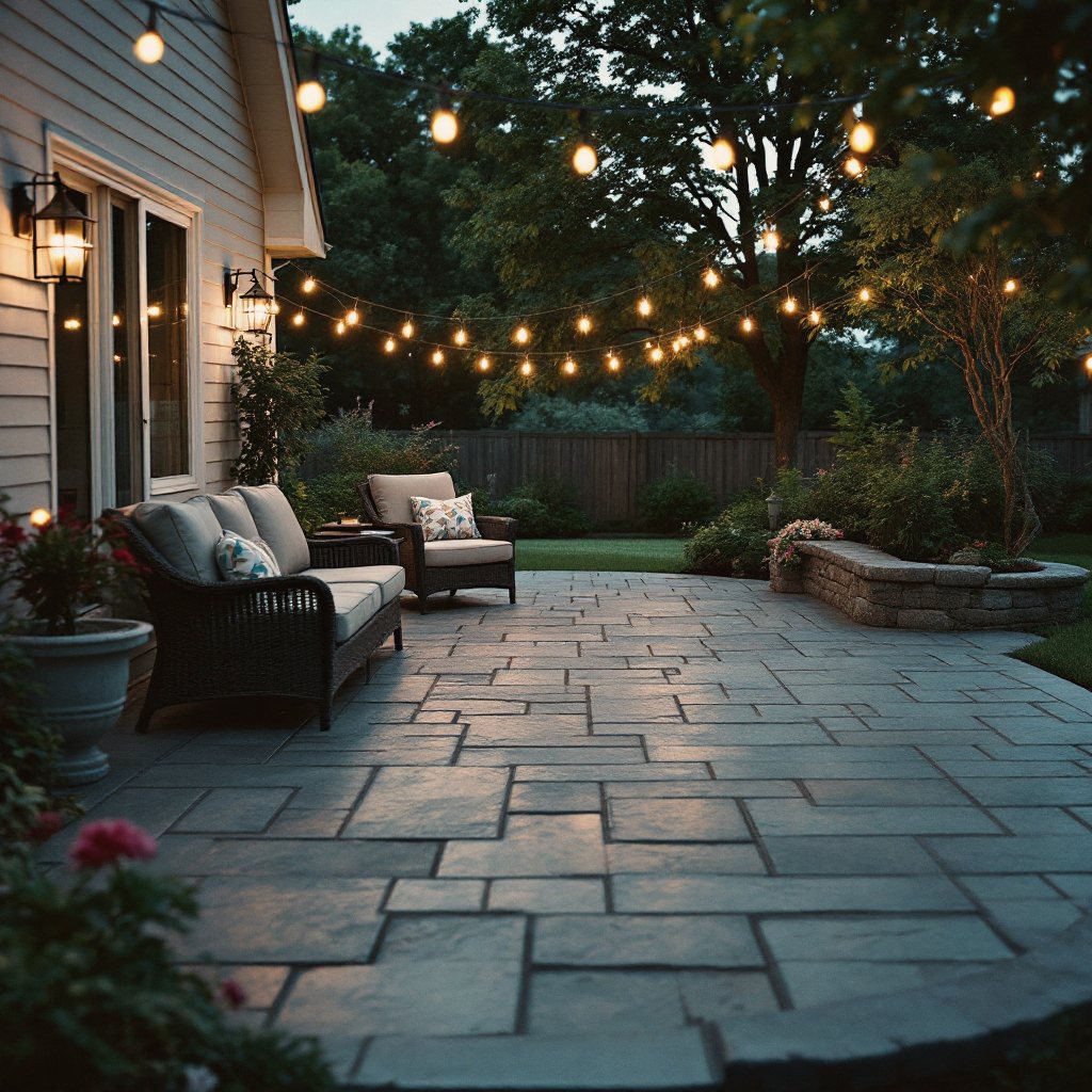 Stamped concrete patio in slate pattern behind a suburban home at dusk