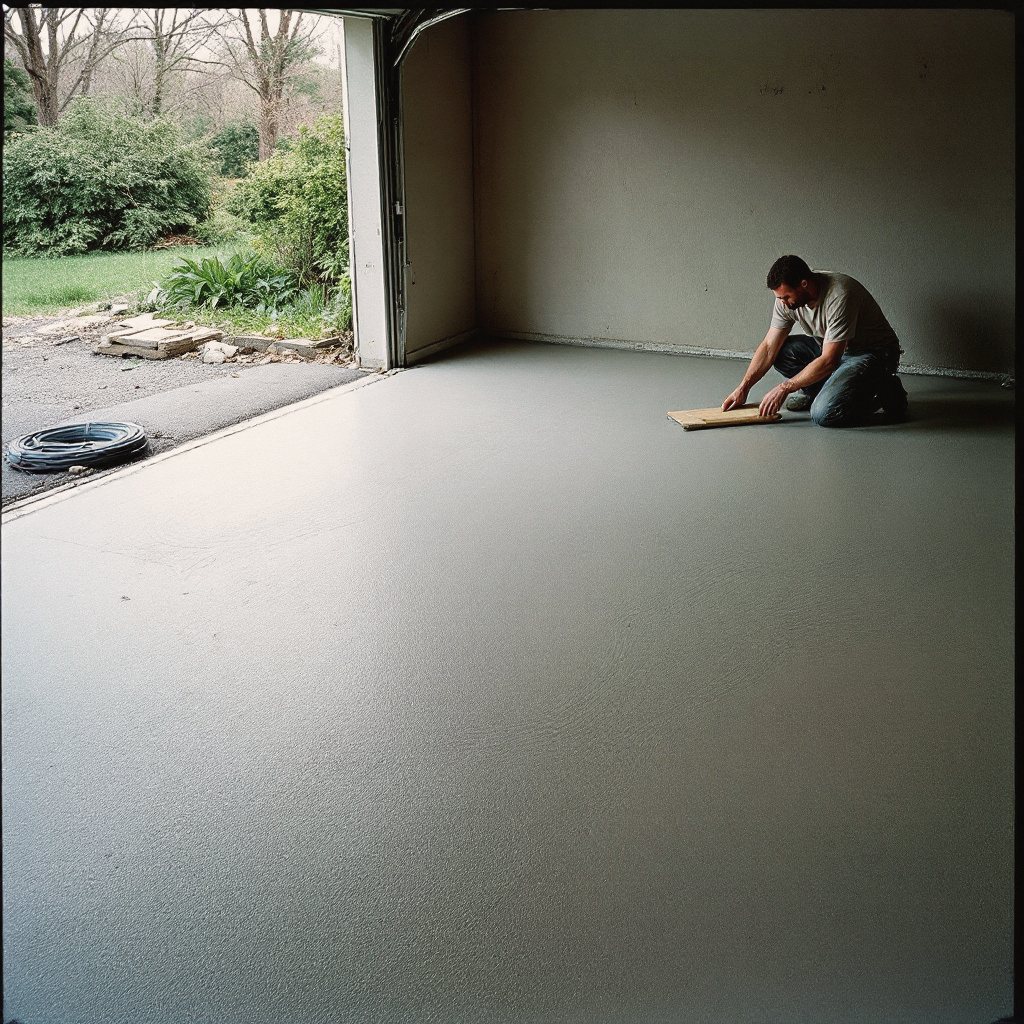 Freshly floated garage slab catching window light